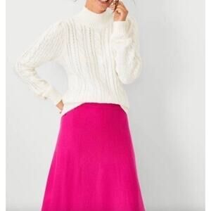 Ann Taylor Chunky Cable Knit Mock Neck Puff Sleeve Sweater Preppy White XS